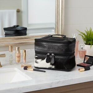 Black White Embossed Leather & Cowhide Cosmetic Makeup Dopler Bag Travel Gift